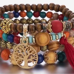4pc BEADED CHARM TREE OF LIFE BRACELET. FASHION JEWELRY